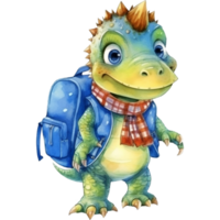 Cute cartoon dinosaur with backpack, Watercolor illustration AI Generative png