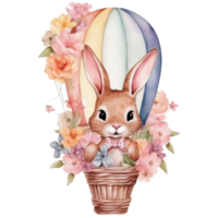 schattig waterverf illustratie van een schattig konijn in een heet lucht ballon, ai generatief png