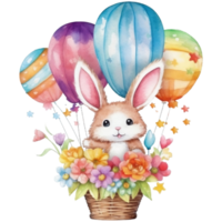 mignonne aquarelle illustration de une mignonne lapin dans une chaud air ballon, ai génératif png
