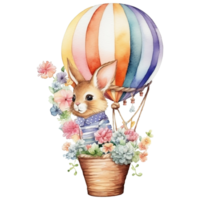 Cute watercolor illustration of a cute bunny in a hot air balloon, AI Generative png