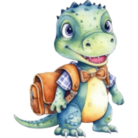 Cute cartoon dinosaur with backpack, Watercolor illustration AI Generative png