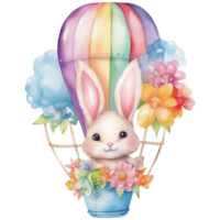 Cute watercolor illustration of a cute bunny in a hot air balloon, AI Generative png