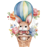 Cute watercolor illustration of a cute bunny in a hot air balloon, AI Generative png