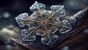 Macro snowflake on wet branch with yellow dew generated by AI photo