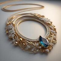 a golden necklace with precious stones. Jewelry background. photo