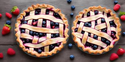 Fresh Mixed Berry Tart with Blueberries, Raspberries, and Strawberries on a Wooden Surface, top view, photo