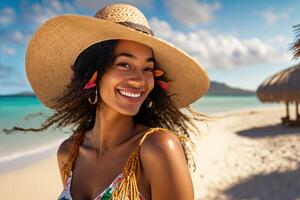 elegante hermosa mujer en vacaciones en un caribe playa ai generado foto