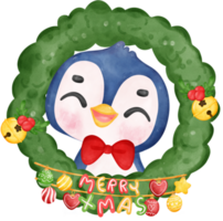 Cute adorable baby joyful penguin in Christmas wreath cartoon character watercolor hand drawing png