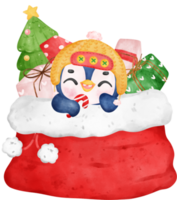 carino gioioso Natale pinguino nel Santa sacco con amici e regalo scatole cartone animato animale acquerello png