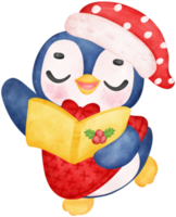 Cute adorable joyful christmas penguin caroler cartoon character watercolor hand drawing png