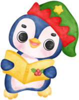 Cute adorable joyful christmas penguin caroler cartoon character watercolor hand drawing png