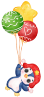 mignonne joyeux Noël manchot avec des ballons dessin animé animal aquarelle png