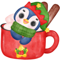 Cute adorable Christmas Penguin hold hot choco cup  cartoon character watercolor hand drawing png