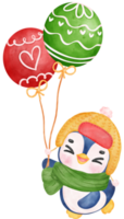 carino gioioso Natale pinguino con palloncini cartone animato animale acquerello png