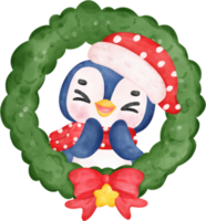 Cute adorable baby joyful penguin in Christmas wreath cartoon character watercolor hand drawing png