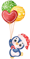 Cute joyful Christmas penguin with balloons cartoon animal watercolour png