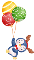 Cute joyful Christmas penguin with balloons cartoon animal watercolour png