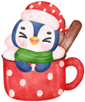 Cute adorable Christmas Penguin hold hot choco cup  cartoon character watercolor hand drawing png