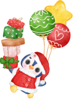 Cute joyful Christmas penguin with balloons and stack of gift boxes cartoon animal watercolour png