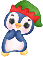 fofa feliz alegre Natal pinguim santa ajudante desgasta duende chapéu desenho animado personagem aguarela mão desenhando png