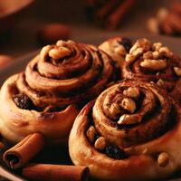 A plate of cinnamon rolls with nuts and cinnamon on it photo