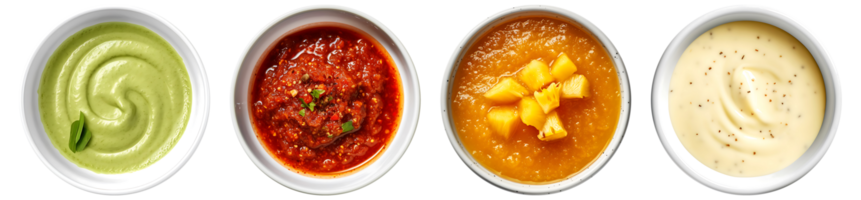 Wasabi, Spicy Sambal, pineapple, Cheese sauce on white bowl, top view with transparent background, Technology png