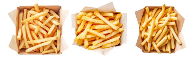 French Fries on paper box, top view with transparent background, Technology png