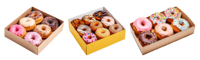 Delicious Donuts on paper box, top view with transparent background, Technology png