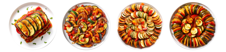 Homemade Classic French Ratatouille on white bowl, top view with transparent background, Technology png