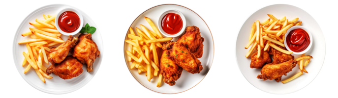 Fried Chicken and French fries with ketchup on white plate, top view with transparent background, Technology png