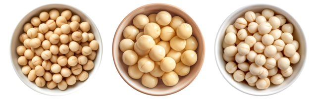 Macadamia on white bowl, aerial view with transparent background, Technology png