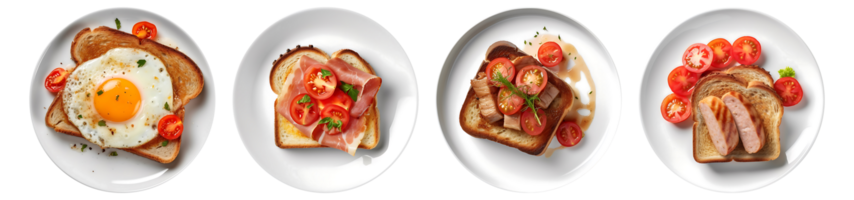 Toast bread with pork belly, egg, ham, sausage on white plate, top view with transparent background, Generative AI Technology png