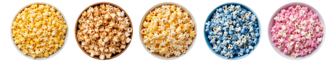 Set five flavors of Popcorn on white bowl, top view with transparent background, Technology png