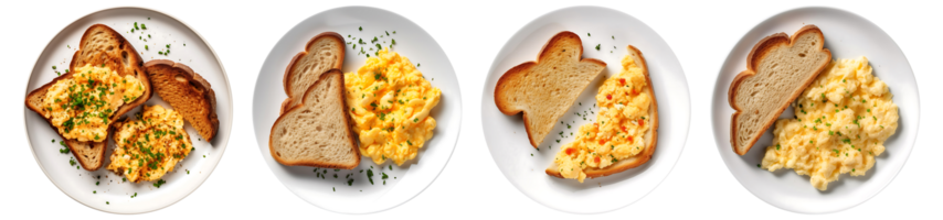 durcheinander Eier und Toast Brot auf Weiß Platte, oben Aussicht mit transparent Hintergrund, generativ ai Technologie png