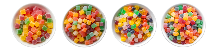 Gummy Candy on white bowl, aerial view with transparent background, Technology png