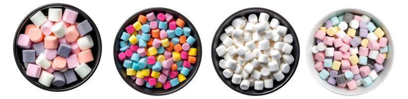 Multicolored Marshmallows in bowl, aerial view with transparent background, Technology png