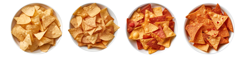 Tortilla, Mexican nachos chips on white bowl, top view with transparent background, Technology png