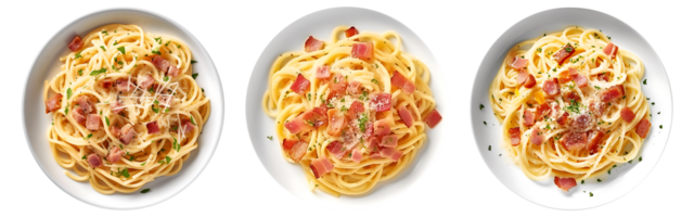 Spaghetti Carbonara on white bowl, top view with transparent background, Technology png