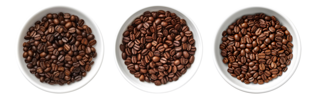 Coffee beans on white bowl, aerial view with transparent background, Technology png