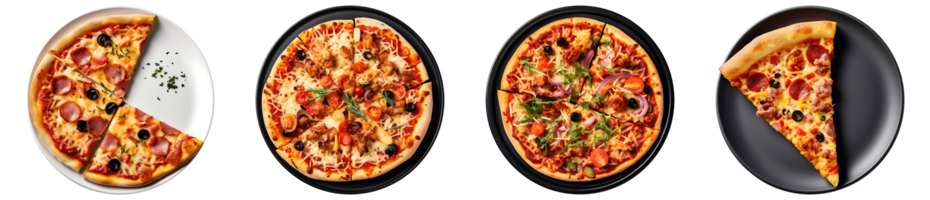 Delicious Pizza on plate, top view with transparent background, Technology png