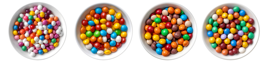 Colorful chocolate candy pills in bowl, aerial view with transparent background, Technology png