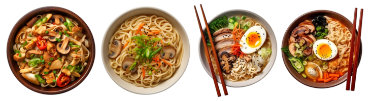 asiatisch Nudel Suppe, Ramen auf Schüssel, oben Aussicht mit transparent Hintergrund, generativ ai Technologie png