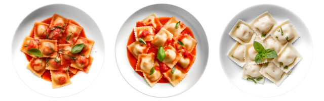 Tasty appetizing Ravioli with tomato sauce on white bowl, top view with transparent background, Technology png