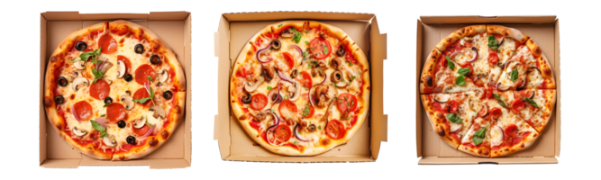 Delicious Pizza on paper box, top view with transparent background, Technology png