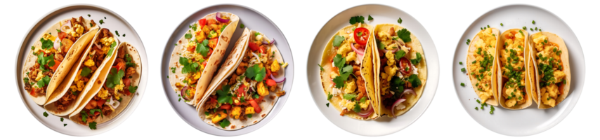 Scrambled Egg Tacos on Toast bread on white plate, top view with transparent background, Technology png