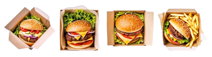 Delicious Burger on paper box, top view with transparent background, Technology png