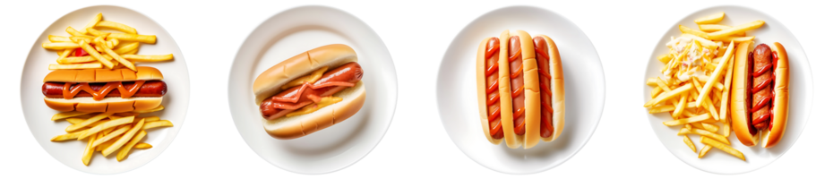 Hot Dog on white plate, top view with transparent background, Technology png