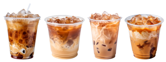 Cold brewed iced latte coffee on plastic cup, side view with transparent background, Technology png