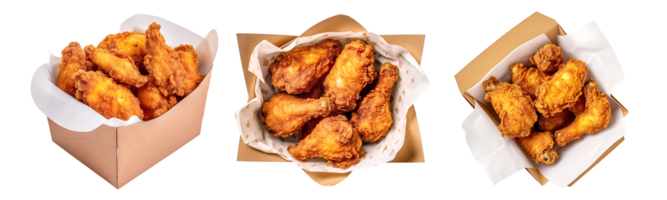 Fried Chicken on paper box, top view with transparent background, Technology png