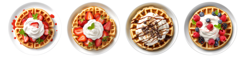 Waffles with strawberry, chocolate chip and berries topping on white plate, top view with transparent background, Generative AI Technology png